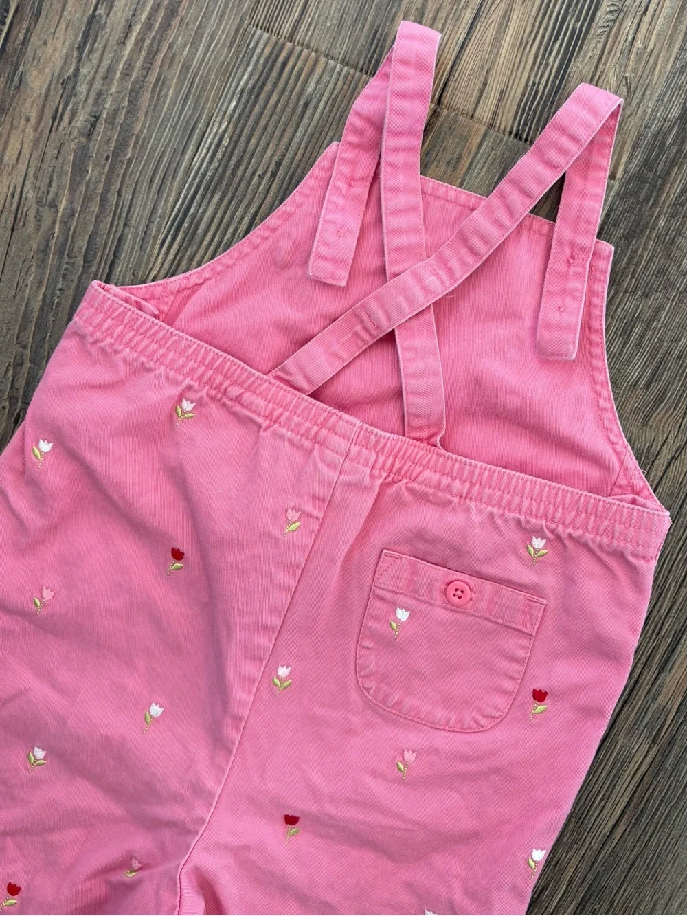 Y2K Gymboree Pink Floral Embroidered Bib Overalls 18-24 Mos Scalloped Hems 2003